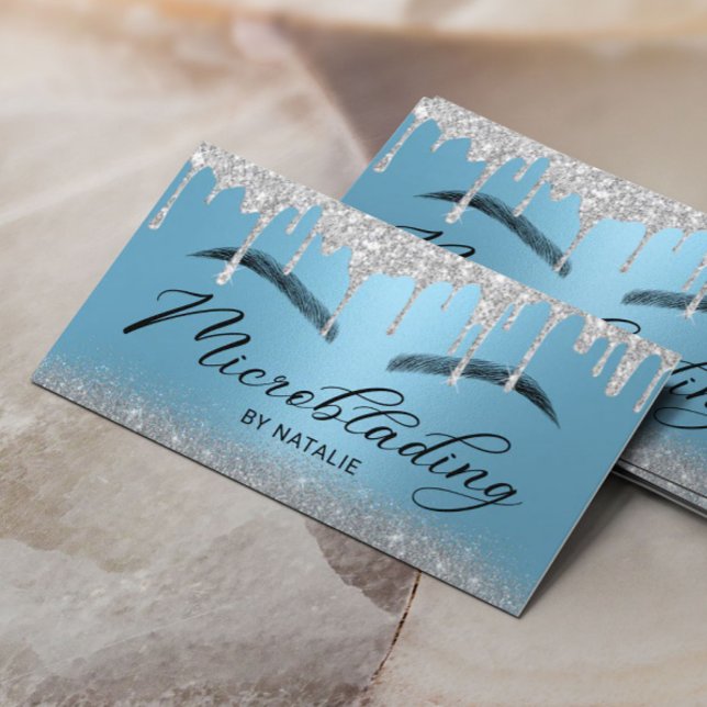 Microblading Silver Drips Light Blue Brow Spa Business Card (Creator Uploaded)