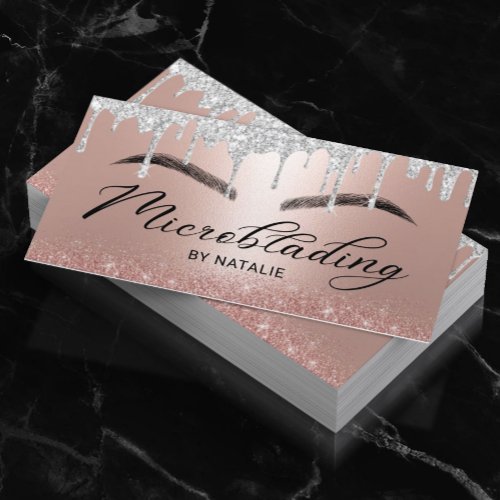 Microblading Silver Drips Rose Gold Typography Business Card