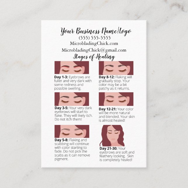 Microblading Stages of Healing & Aftercare Business Card (Front)