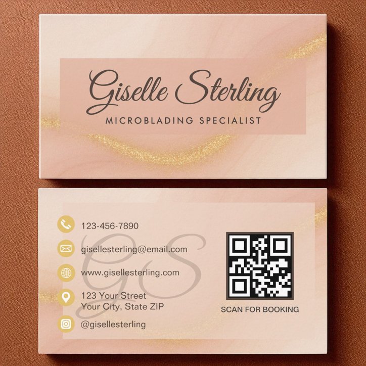 Microblading Watercolor Gold Monogram QR Code Business Card
