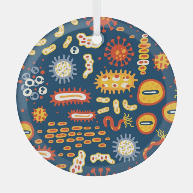 Microorganisms Dark Blue: Biology Pattern Glass Ornament (Front)