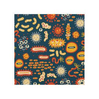 Microorganisms Dark Blue: Biology Pattern Wood Wall Art