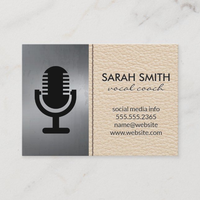 Microphone Icon | Metallic | Stitch Leather Business Card (Front)