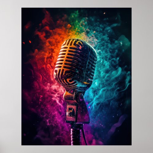 Microphone with exploding colors  poster