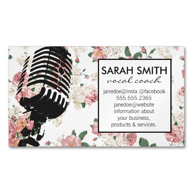 Microphone with Floral Pattern Business Card Magnet (Front)
