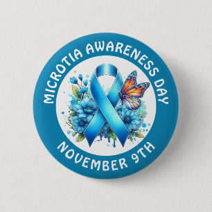 Microtia Blue Awareness Day Ribbon and Butterfly Button