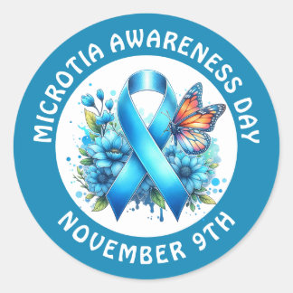 Microtia Blue Awareness Day Ribbon and Butterfly Classic Round Sticker