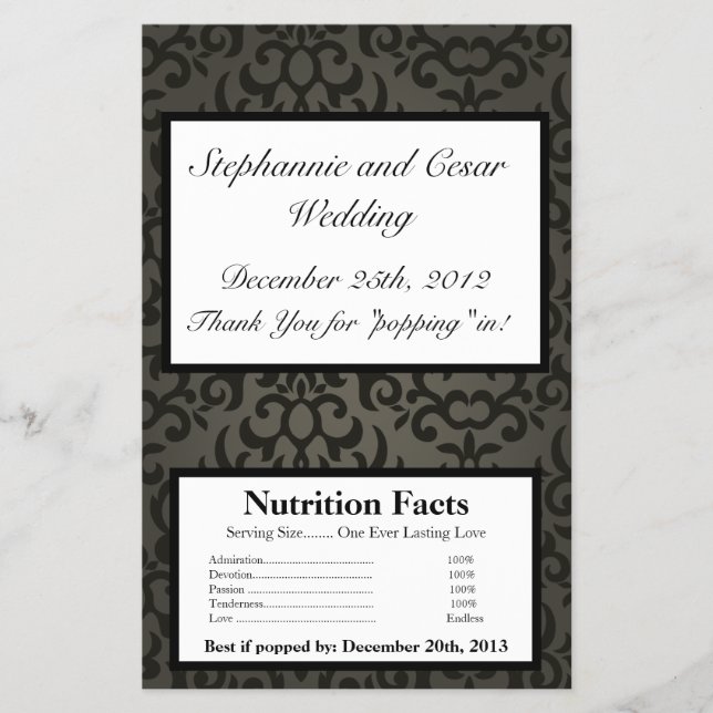 Microwave Popcorn Wrapper Black and Gray Damask (Front)