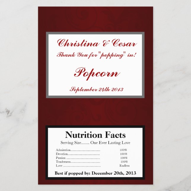 Microwave Popcorn Wrapper Dark Maroon Gray Swirls (Front)