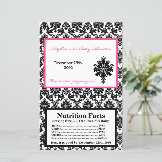Microwave Popcorn Wrapper Hot Pink Black Damask (Standing Front)
