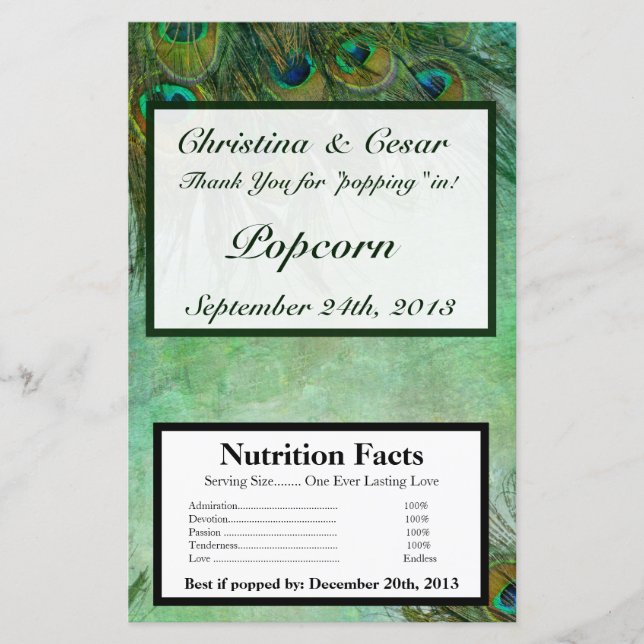 Microwave Popcorn Wrapper Peacock Green Feathers (Front)