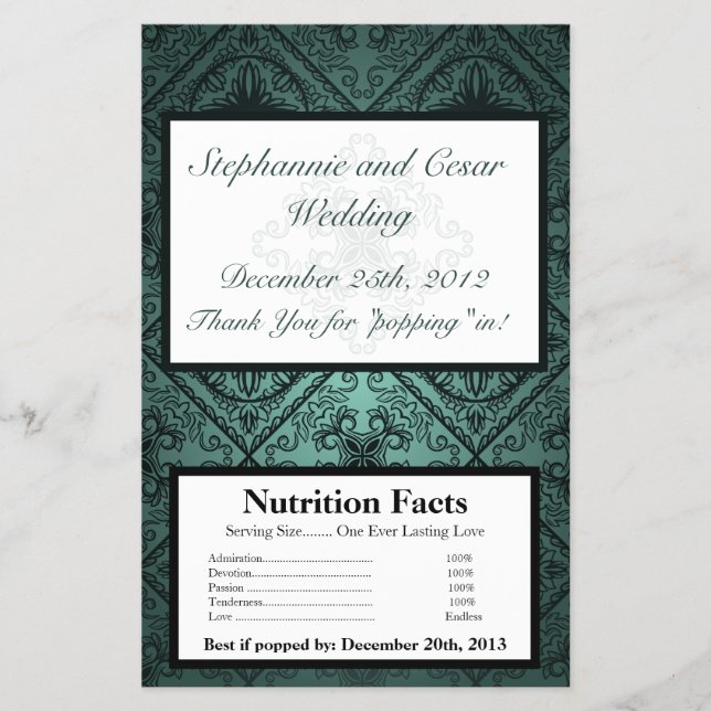 Microwave Popcorn Wrapper Teal Ornate Damask (Front)