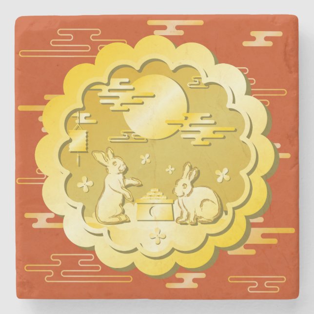 Mid Autumn Festival Gold Mooncake Moon Rabbit Stone Coaster (Front)