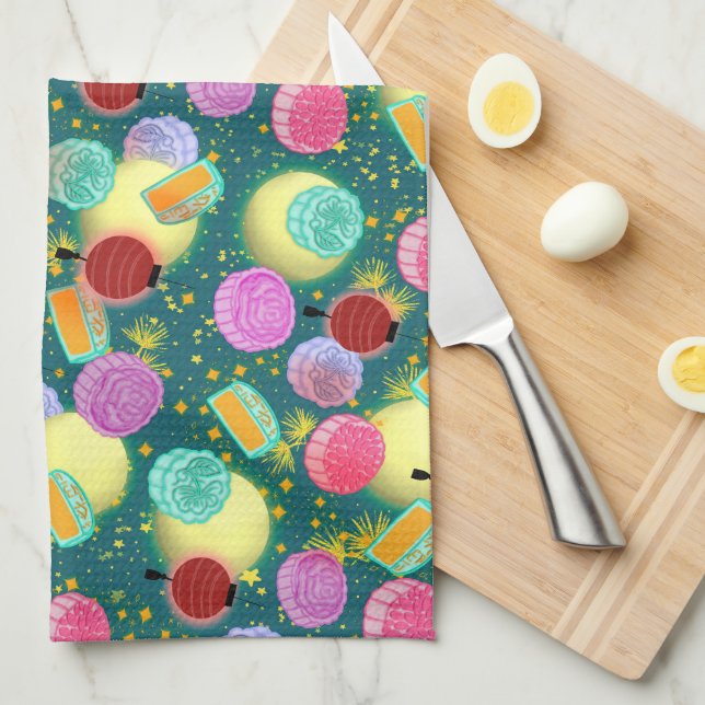 Mid Autumn festival moon cakes teal Kitchen Towel (Quarter Fold)