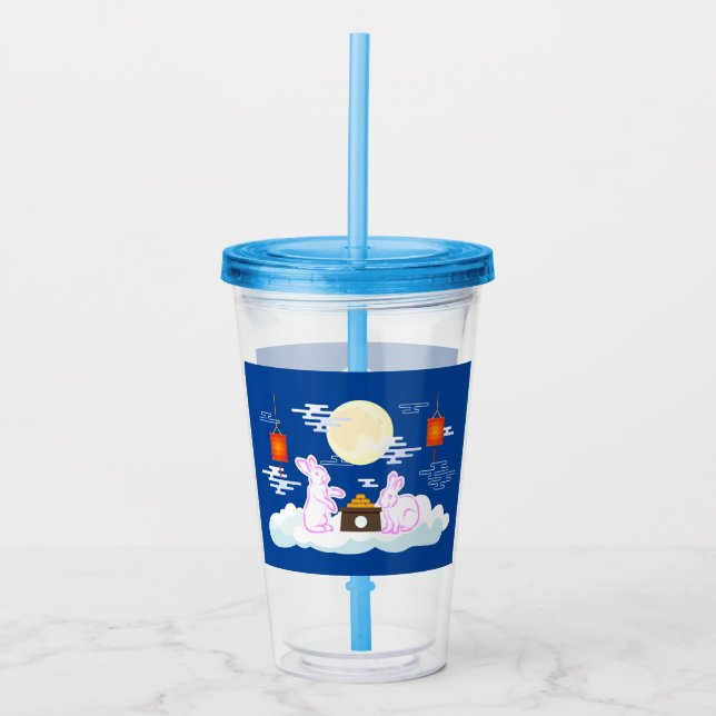 Mid Autumn Festival Moon Rabbit Mooncake Clouds Acrylic Tumbler (Front)