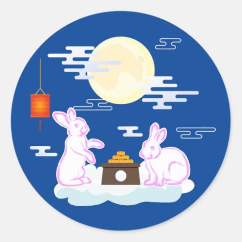 Mid Autumn Festival Moon Rabbit Mooncake Clouds Classic Round Sticker