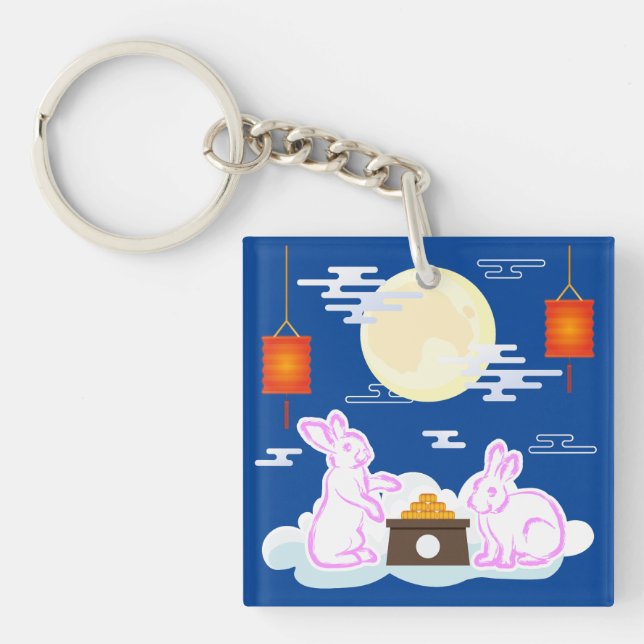 Mid Autumn Festival Moon Rabbit Mooncake Clouds Keychain (Front)