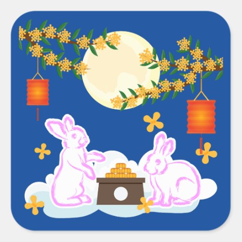 Mid Autumn Festival Moon Rabbit Mooncake Osmanthus Square Sticker