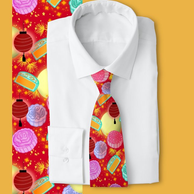 Mid-Autumn Festival Mooncake Lantern Neck Tie (A mid autumn moon festival, with lanterns and mooncakes and fireworks )