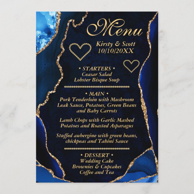 Mid Blue and Gold Glitter Agate Marble Wedding Menu (Front)