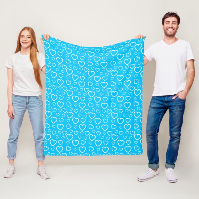 Mid Blue and White Love Hearts Pattern Fleece Blanket (In Situ)