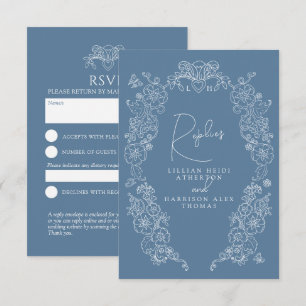 Mid blue gray monogram blossom RSVP wedding Card