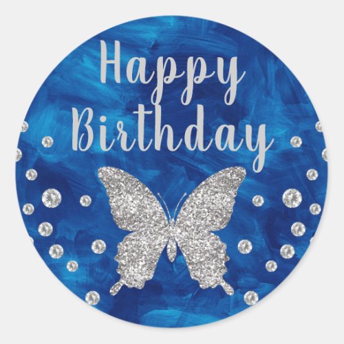 Mid Blue paintbrush Silver Butterfly Birthday Classic Round Sticker