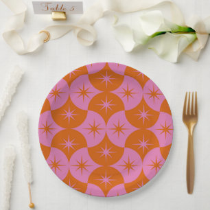 Mid Centruy Starbursts on Pink Orange Scallop  Paper Plates