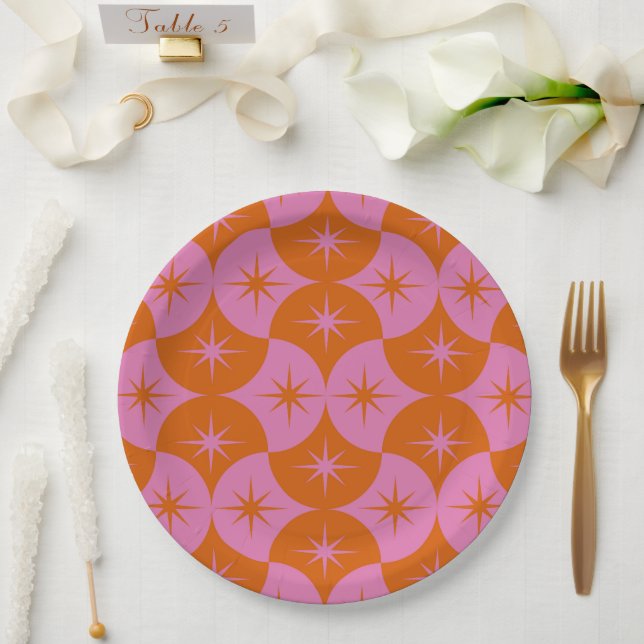  Mid Centruy Starbursts on Pink Orange Scallop  Paper Plates (Wedding)