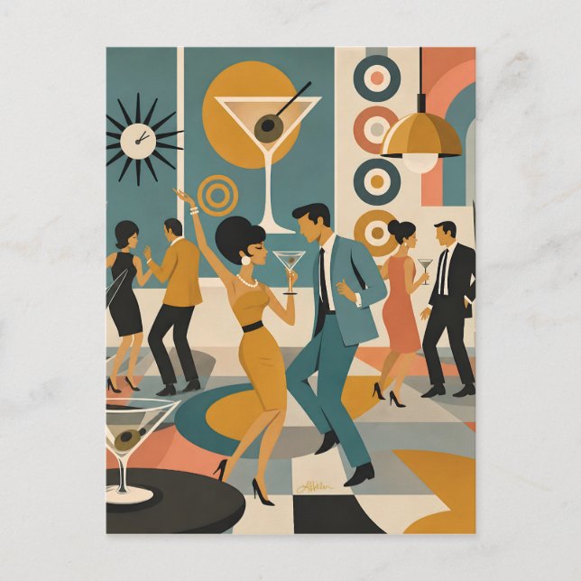 Mid Century 60s Hip Martini Cocktail Dance Party Postcard (Front)