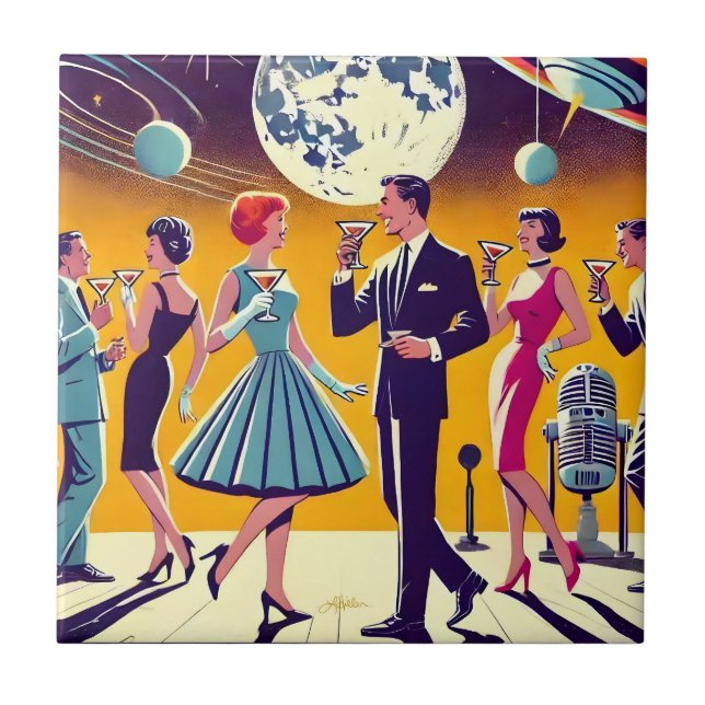 Mid Century 60s Space Age Cocktail Party Ceramic Tile (Front)