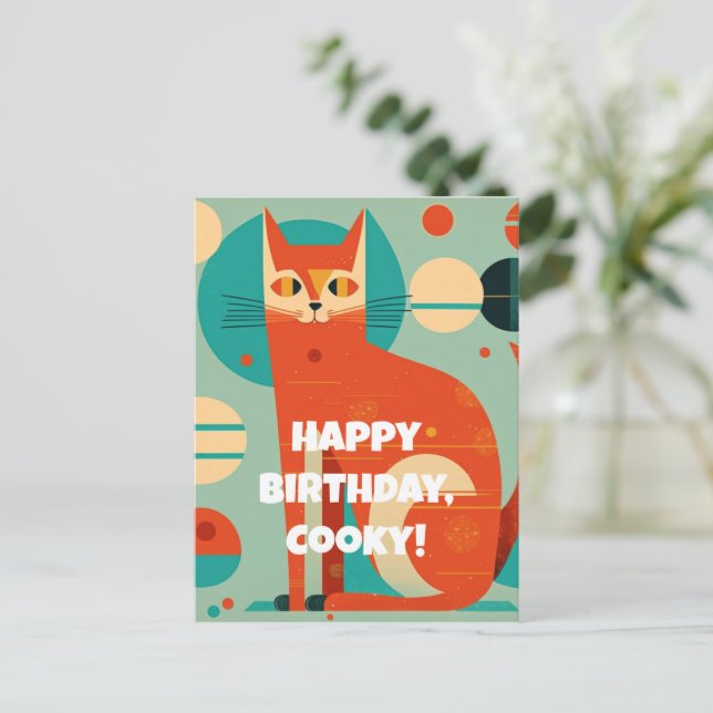 Mid Century Abstract Cat Birthday Postcard (Standing Front)
