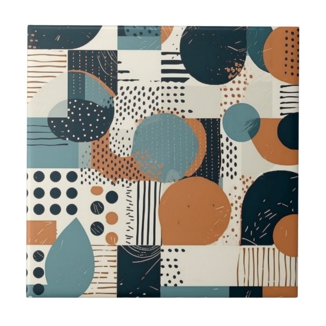 Mid Century Abstract Geometric Navy Rust Teal Ceramic Tile (Front)