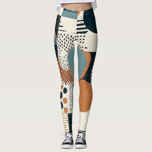 Mid Century Abstract Geometric Navy Rust Teal Leggings (Front)
