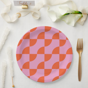 Mid Century Abstract Orange Semi Circles on Pink  Paper Plates