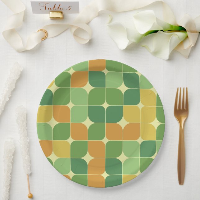 Mid Century Abstract Pattern green orange Yellow  Paper Plates (Wedding)