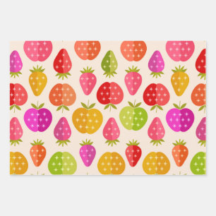 Mid century apples and strawberries colorful wrapping paper sheets