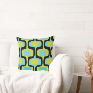 Mid-Century Aqua Chartreuse & Black Retro Pattern Throw Pillow