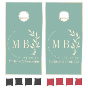 Mid-Century Aqua Reef Leaf Wedding Monogram Cornhole Set