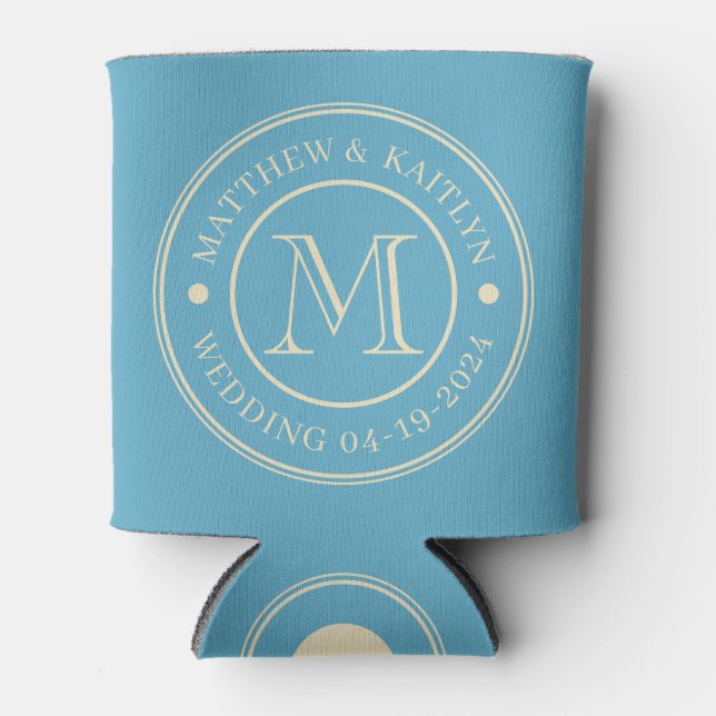 Mid-Century Aqua Sky  Wedding Monogram Can Cooler (Front)
