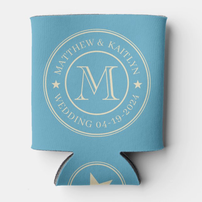 Mid-Century Aqua Sky Wedding Monogram Star Can Cooler (Front)