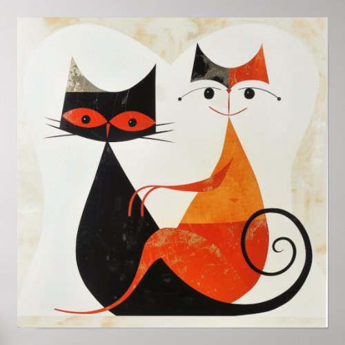 Mid Century Art Cat Duo Print
