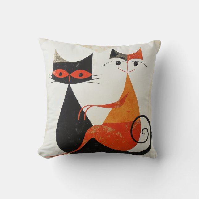 Mid Century Art Cat Duo Print Throw Pillow (Front)