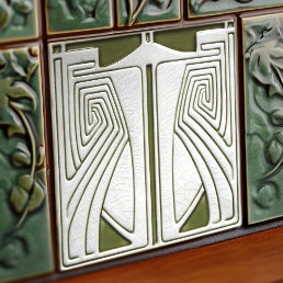Mid-Century Art Nouveau Symmetry Sage Green Ceramic Tile