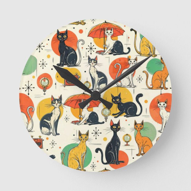 Mid-Century Atomic Age Cats Retro Pattern Round Clock (Front)