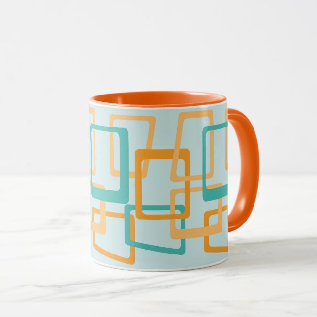 Mid Century Atomic Age Rectangles Aqua, Orange Mug (Front Right)