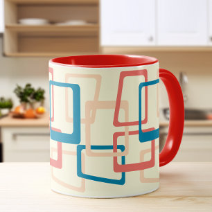 Mid Century Atomic Age Rectangles Blue, Coral Mug