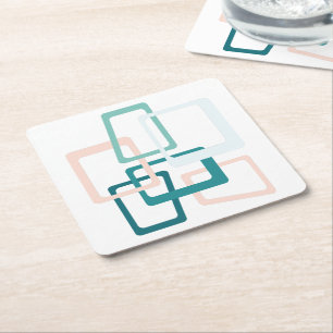Mid Century Atomic Age Rectangles Teal, Peach Square Paper Coaster