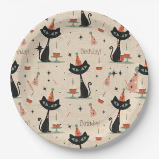 Mid-Century Atomic Cat Birthday Pattern Paper Plates