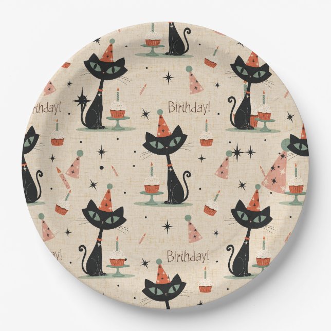     Mid-Century Atomic Cat Birthday Pattern  Paper Plates (Front)